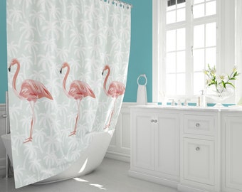Flamingo Shower Curtain Bathroom Waterproof Fabric 12 Hooks & Bath Mat 7043 