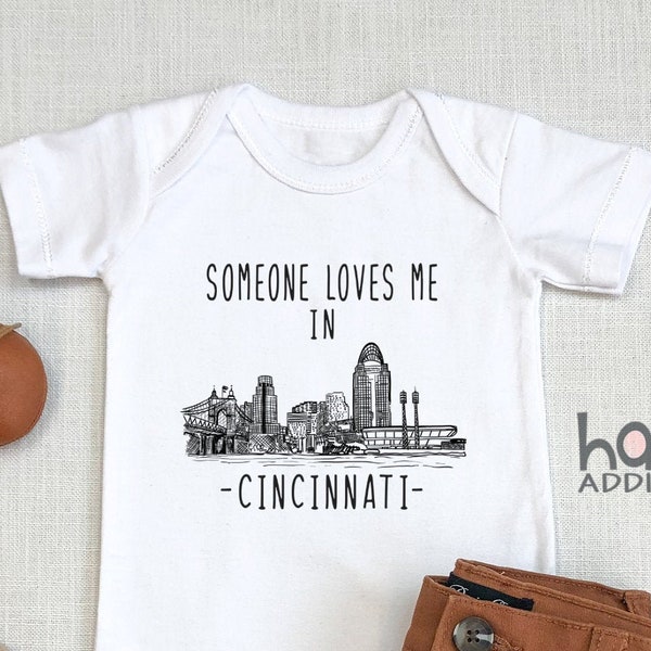 Someone Loves Me In Cincinnati , Baby Shower Gift, Cincinnati Ohio, Pregnancy Reveal, Baby Boy , Long Sleeve, Made In, Onesie®