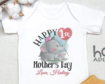 Personalized Happy 1st Mother's Day , Cute Personalized, Baby Girl, Baby Boy, Elephant Baby Bodysuit, Custom Name, Onesie®