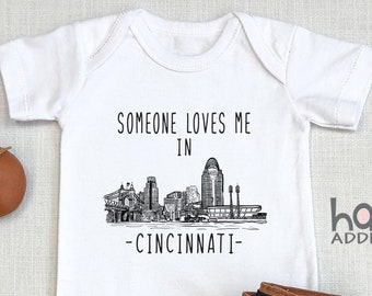 Someone Loves Me In Cincinnati , Baby Shower Gift, Cincinnati Ohio, Pregnancy Reveal, Baby Boy , Long Sleeve, Made In, Onesie®