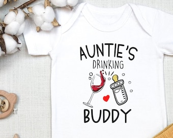Auntie's Drinking Buddy, Funny Aunt , Funny s, Funny Baby Shower Gift, New Aunt Gift, Wine, Bottle, Long Sleeve, Toddler Shirt, Onesie®