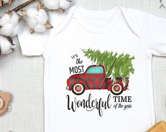It's The Most Wonderful Time Of The Year, Christmas , Baby Bodysuit, Buffalo Plaid , Red Truck, Tree, Christmas Shirt for Kids, Onesie®