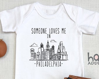 Someone Loves Me In Philadelphia , Baby Shower Gift, Philly PA, California, Pregnancy Reveal, Baby Boy , Long Sleeve, Made In, Onesie®