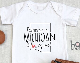 Someone In Michigan Loves Me Onesie, Virtual Baby Shower Gift, Raglan Toddler Shirt, Baby Boy Gift, Long Distance Baby Gift, Detroit
