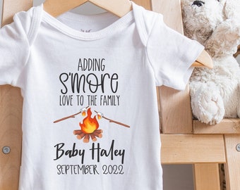 Baby Announcement Onesie® , Custom Due Date Bodysuit, Personalized Pregnancy Announcement, Baby Reveal, Adding S'more Love to the Family