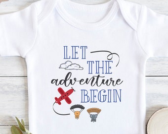 Let The Adventure Begin , Baby Reveal, Gift For Baby Boy, Pregnancy Reveal, Baby Boy Clothes, Custom Airplane, Personalized, Onesie®