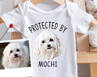 Custom Digital Pet Portrait Baby Onesie®, Custom Dog Baby , Unique Baby Shower Gift, Protected by, Cat Portrait, Baby Boy, Baby Girl