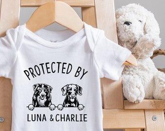 Baby Shower Gift, Protected by Pets , Custom Dogs and Cats , Personalized Baby Gift®, Custom Dog and Cat Breeds, Onesie®