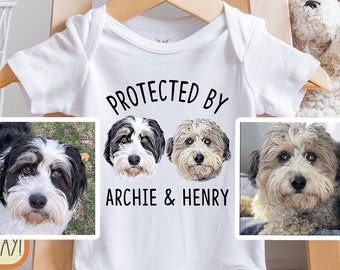 Protected by Pets Onesie®, Digital Custom Dogs and Cats, Personalized Baby Shower Gift, Baby Girl, Baby Boy Bodysuit, Unique Baby Gift,
