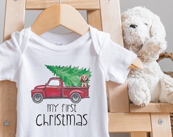 Baby's First Christmas , Baby Bodysuit, Buffalo Plaid , Red Truck, Tree, My First Christmas Tree, Christmas Outfit Baby Boy 437, Onesie®