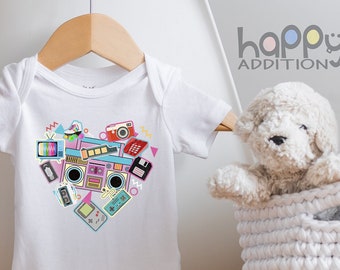 Vintage Heart 80's 90's Baby Bodysuit, Retro, Baby Shower Gift, 80's Baby Gift, Kid's TShirt, Baby Girl, Baby Boy, Unique, Raglan Toddler