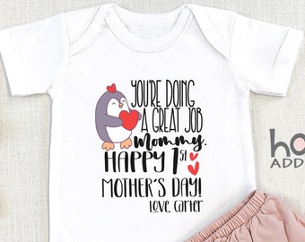 Personalized Happy Mother's Day , Cute Personalized, Baby Girl, Baby Boy, Great Job Mommy, Penguin Baby Bodysuit, Custom Name, Onesie®