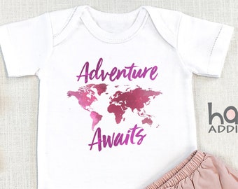 Adventure Awaits Pregnancy Announcement , Future World Traveler. Baby Shower Gift for Traveler, Long Sleeve, World, Baby Girl, Onesie®