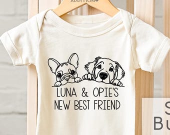 New Best Friend Onesie® Brand, Custom Illustration Dogs, Protected By Pets, Personalized Pet Name, Baby Shower Gift, Newborn Baby Gift