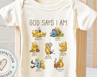 God Says I Am Baby Christian Onesie® Bear and Piglet Faith Newborn Apparel Scripture Infant Gift