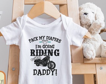 Personalized Motorcycle , Riding with Daddy, Grandpa, Harley Davidson, Future Rider, Funny, Pack My Diapers I'm Going Riding "Custom"
