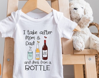 Mom and Dad Drinking, Funny Baby Bodysuit, Funny Baby Shower Gift, Wine, Beer, Milk Bottle  Drinking , Unique Baby Gift, Unisex, Onesie®