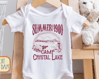 Camp Crystal Lake Baby Bodysuit, Halloween Baby Bodysuit, Baby Shower Gift, Horror Movie Lover, Camping, 80's Horror Movie Fans, Onesie®