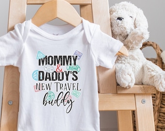 Custom Mommy and Daddy's New Travel Buddy Pregnancy Announcement , Future World Traveler. Baby Shower Gift Traveler, Long Sleeve, Onesie®