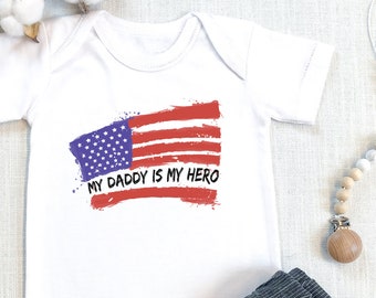 Personalized Name Hero , My Daddy is my Hero, Mommy is my Hero, Custom Name, Baby Boy, Baby Girl, Long Sleeve, American Flag Bodysuit