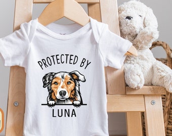 Personalized Dog Name Baby , Cat Lover, Protected by Custom Name, Custom Bodysuits, Baby Girl Gift, Baby Boy Gift, Baby Shower Gift,