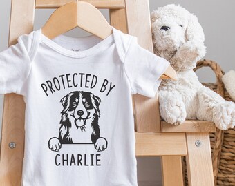 Personalized Dog Name Baby , Protected by Custom Dog Name, Custom Bodysuits, Baby Girl Gift, Baby Boy Gift, Baby Shower Gift, Reveal