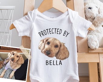 Custom Pet Portrait Baby Bodysuit, Custom DOG bodysuit, Baby Shower Gift, Pregnancy Announcement, Protected by , Cat Portrait, Onesie®
