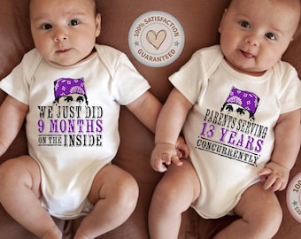 The Office TV Show Fan Onesie®, Funny Twins Baby Gift, Prison Mike, Dwight, 9 Months on the Inside, Parents serving 18 Years Concurrently
