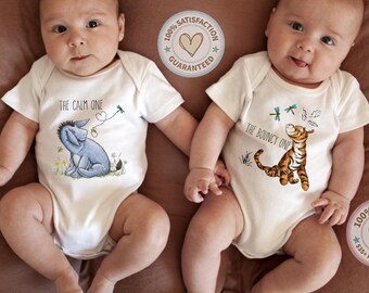 Vintage Storybook Eeyore and Tigger Twin Gift Twins Matching Outfits Baby Bodysuit ONESIE®(Set of 2) Clam One, Bouncy One, Pooh Bear Piglet