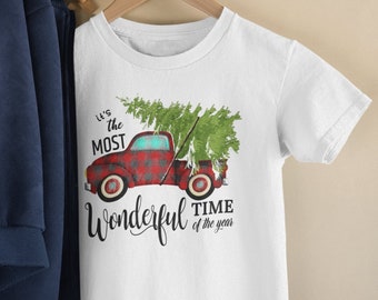 It's The Most Wonderful Time Of The Year, Christmas Toddler Shirt,, Buffalo Plaid Kids Shirt, Red Truck, Tree, Christmas Shirt for Kids