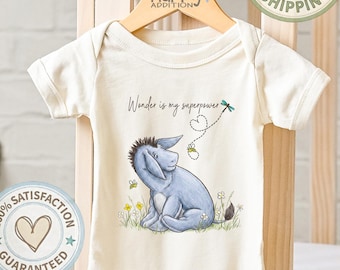 Vintage Storybook Eeyore Baby ONESIE®: Wonder is my Superpower Quote Unisex Bodysuit Pooh Bear