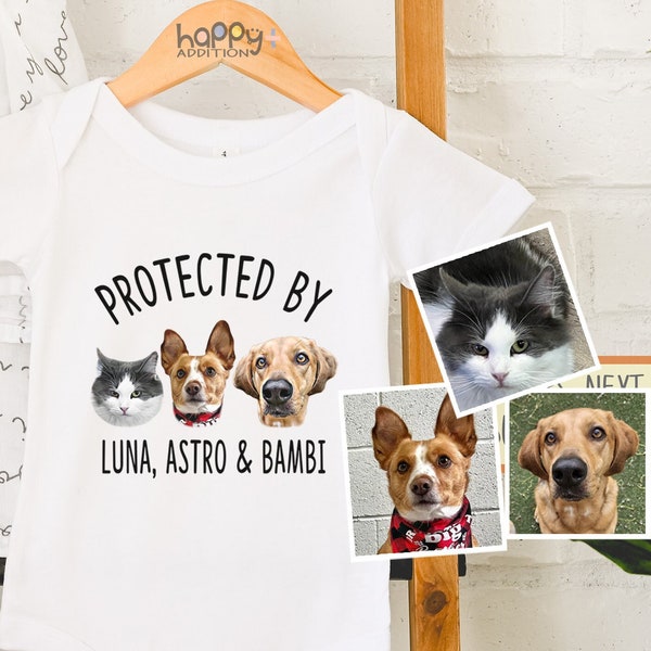 Protected by Pets , Digital Custom Dogs and Cats, Personalized Baby Shower Gift, Baby Girl, Baby Boy Bodysuit, Unique Baby Gifts, Onesie®