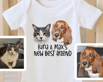 Custom Baby Bodysuit with Pet Portrait, Newborn Announcement, Dog-Themed Baby Shower Gift, My New Best Friend Sibling Bodysuit, Baby s