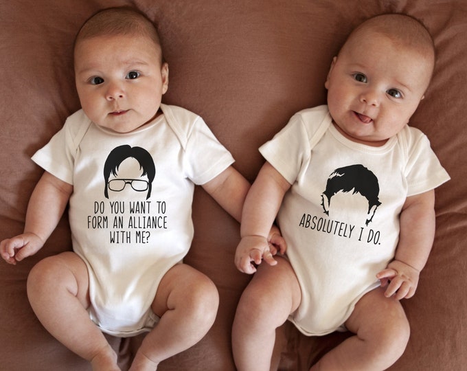 Featured listing image: The Office TV Show Fan Onesie®, Twin Baby Gifts, Best Friends Outfits, Dwight Schrute, Jim, Gift for Twins, Twin Outfit, Funny Twins Outfit