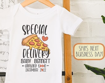 Baby Announcement , Custom Due Date Bodysuit, Personalized Pregnancy Announcement, Pregnancy Reveal, Special Delivery Pizza, Onesie®