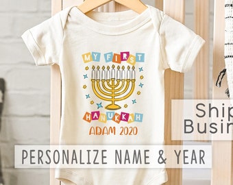 My First Hanukkah Baby , Baby Name Clothes, Personalized Gift, Cute Hanukkah, Happy Hanukkah, Jewish Baby , Custom Name, Onesie®