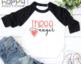 ThreeNAGER Birthday Shirt 3 Years Old, ThreeNAGER, Birthday Outfit, Toddler Shirt, Three Year Old Girl Birthday Shirt, Cute Third Birthday