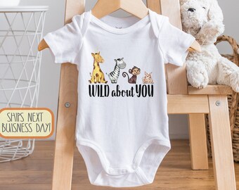 Wild About You Baby , Woodland, Born Wild , Baby Girl, Baby Boy , Wild One, Giraffe, Monkey, Zebra, Gender Neutral s, Onesie®