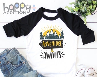Adventure Awaits Toddler Shirt, Mountain Baby, Hiking Buddy, Kid's T-shirt, Camping , One Happy Camper, Traveling, Long Sleeve, Onesie®