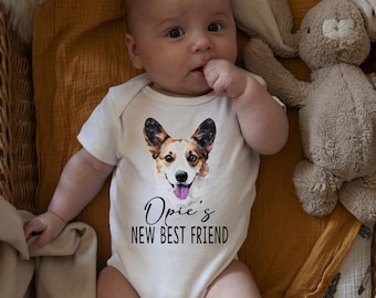 Custom Pet Illustration New Best Friend Onesie® Brand, Protected By Dog, Personalized Cat Name Baby Shower Gift, Newborn Baby Bodysuit