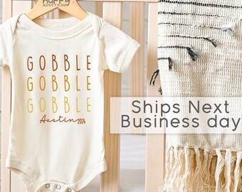 Personalized Thanksgiving Baby Onesie®, Gobble Gobble Gobble Custom Bodysuit, Custom Name First Thanksgiving, Pregnancy Reveal, Unisex