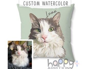 Custom Watercolor Pet Pillow Using Pet Photo + Name Custom Cat Dog Pillow Personalized Cat Cases Cat Picture Pillow Pet Picture Cushion