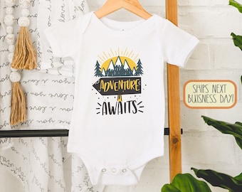 Adventure Awaits Baby , Mountain Baby, Hiking Buddy, Baby Bodysuit, Camping , One Happy Camper, Traveling, Long Sleeve, Onesie®