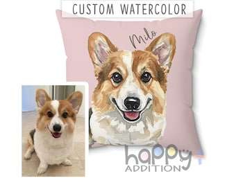 Custom Pet Watercolor Pillow, Dog Pillow, Cat Pillow, Gift for Dog Lover Pet Owner, Dog Memorial Gift, Pet Portrait Pillow, Pet Memorial