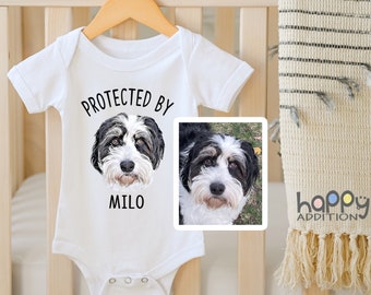 Custom Digital Pet Portrait Baby s, Custom Dog Baby , Unique Baby Shower Gift, Protected by, Cat Portrait, Baby Boy, Baby Girl, Onesie®