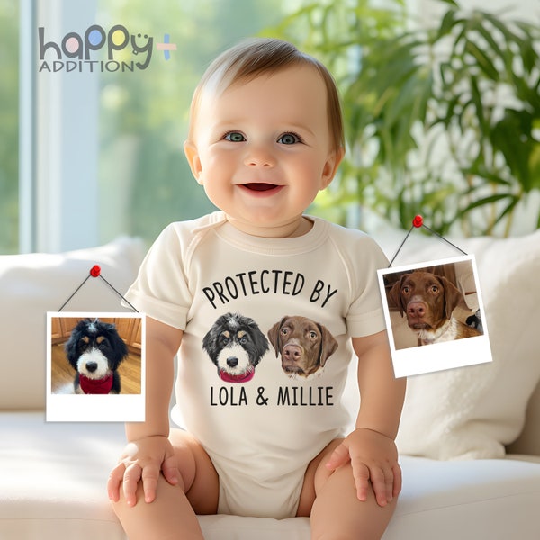 Protected by Pets , Digital Custom Dogs and Cats, Personalized Baby Shower Gift, Baby Girl, Baby Boy Bodysuit, Unique Baby Gift, Onesie®