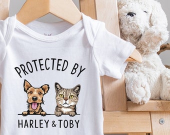 Baby Shower Gift, Protected by Pets , Custom Dogs and Cats , Personalized Baby Gift®, Custom Dog and Cat Breeds, Onesie®