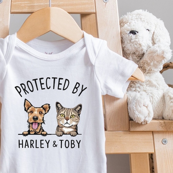 Baby Shower Gift, Protected by Pets , Custom Dogs and Cats , Personalized Baby Gift®, Custom Dog and Cat Breeds, Onesie®