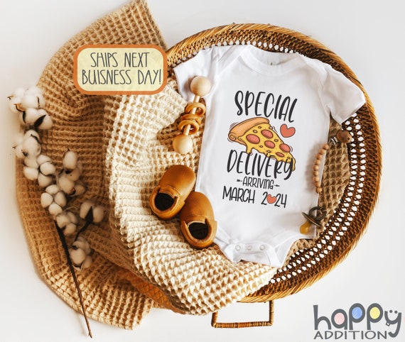 Special Delivery Pizza Pizza Baby Announcement Onesie® Brand: Custom Due Date, Pregnancy Reveal Bodysuit