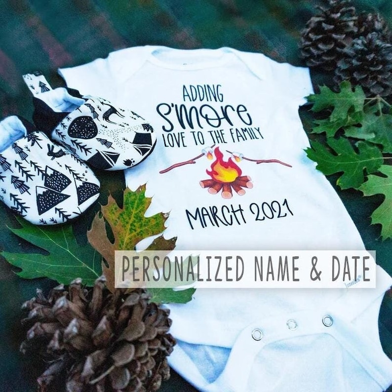 custom baby announcement, adding smore love to the family, personalized name or last name, month and date, camping trip